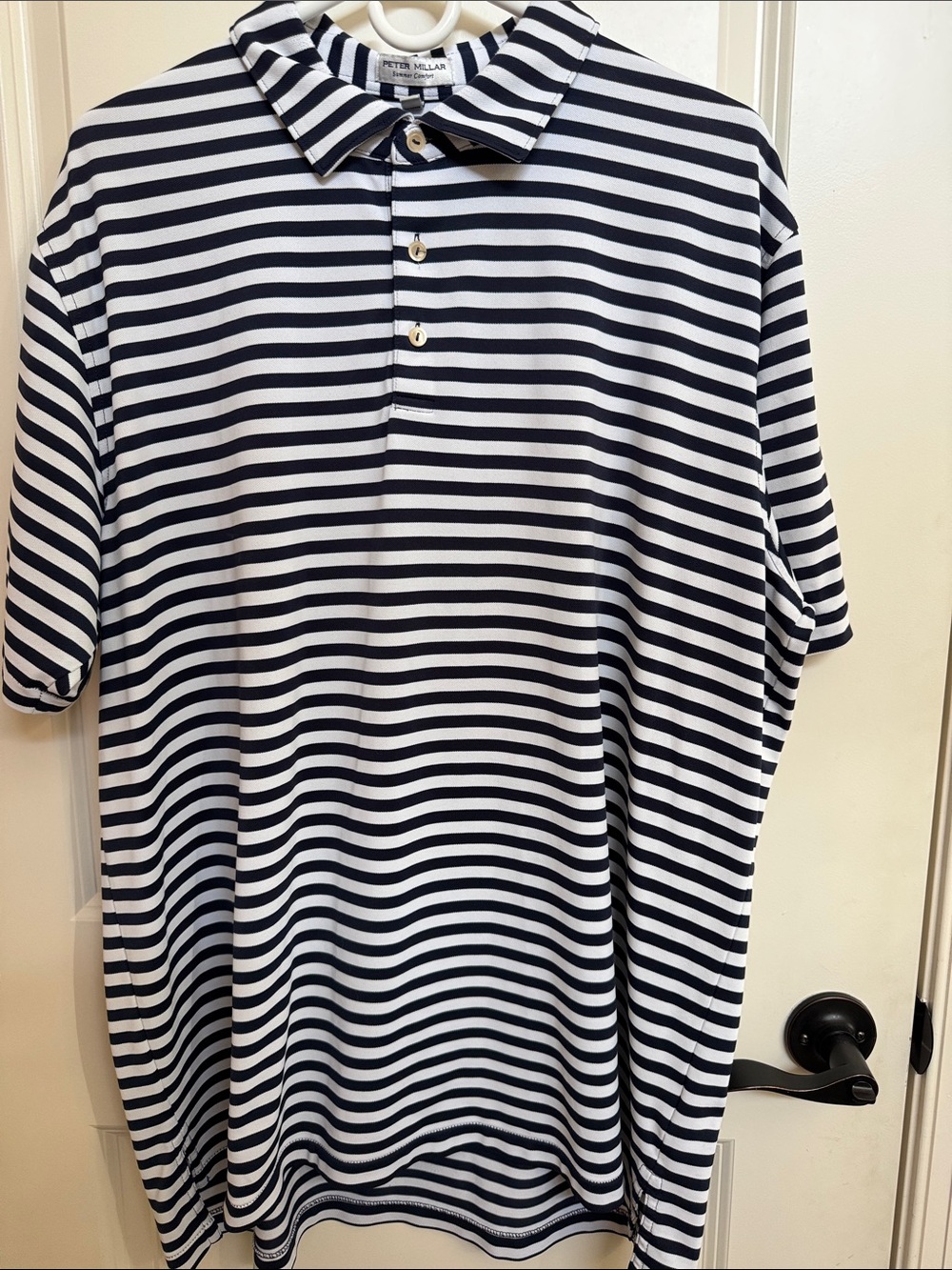 Peter Millar Navy and White Striped Short-Sleeve Polo